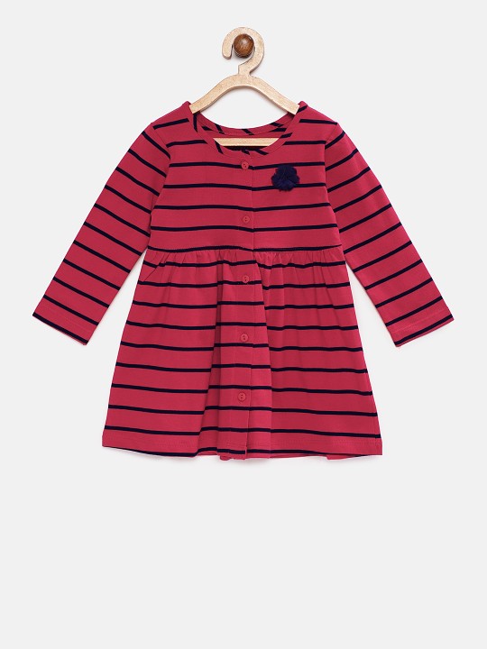 Girls Red & Navy Blue Striped A-Line Dress 0-6M