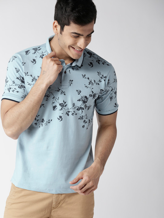 Mast & Harbour Men Blue Printed Polo Collar T-shirt