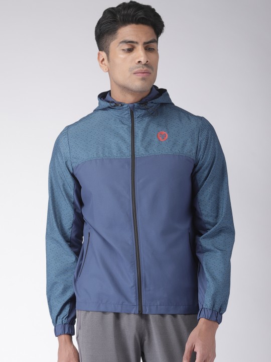 Men Blue Printed GO-DRY Hooded Sporty Jacket