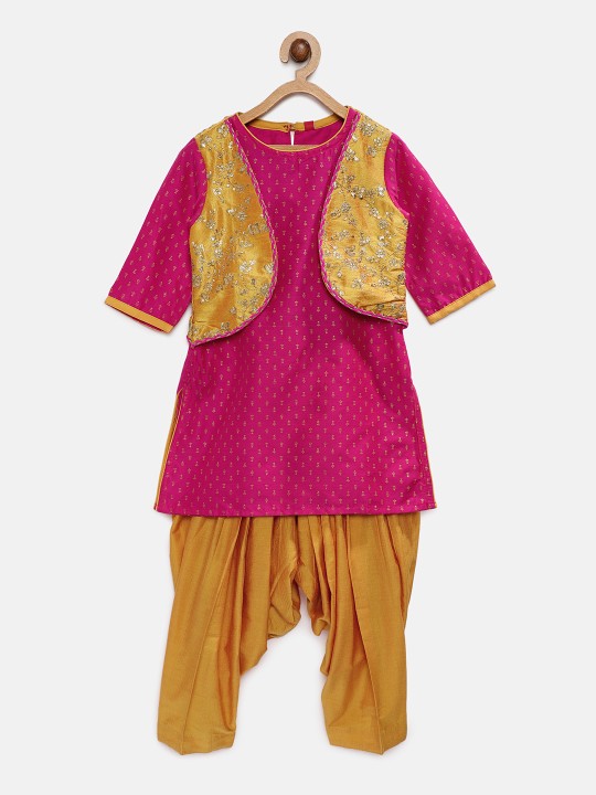 Girls Pink & Mustard Yellow Solid Kurta With Patiala & Jacket 2-3Y