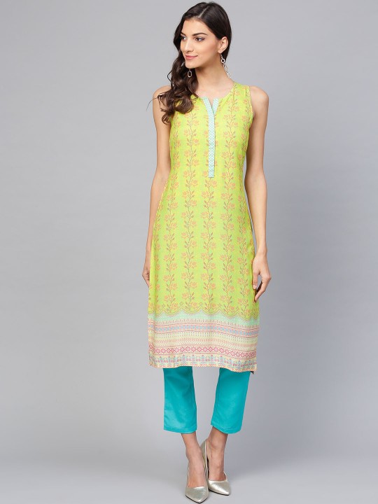 Women Green & Blue Printed Kurta with Trousers S