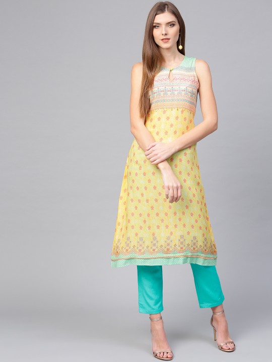 Women Yellow & Blue Printed Kurta with Trousers S