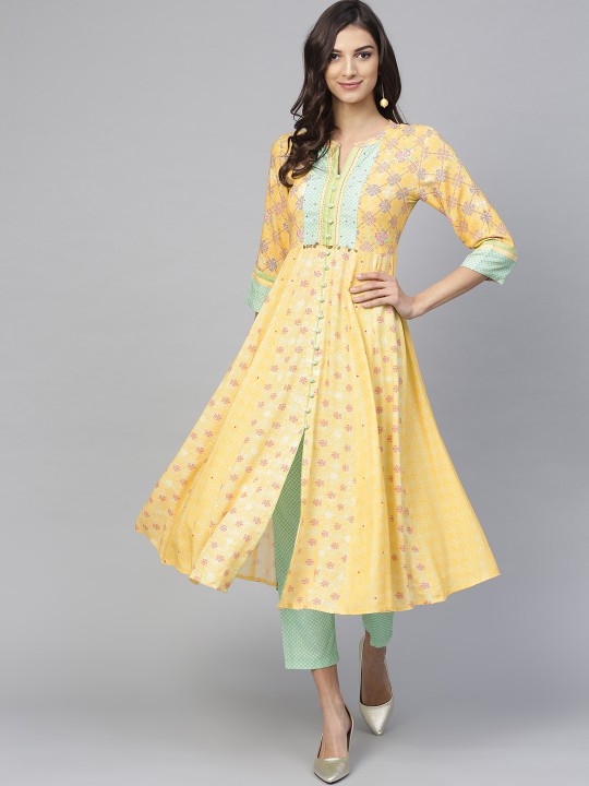 Women Yellow & Sea Green Printed Kurta with Trousers S