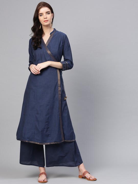 Women Navy Blue Solid Kurta with Palazzos S