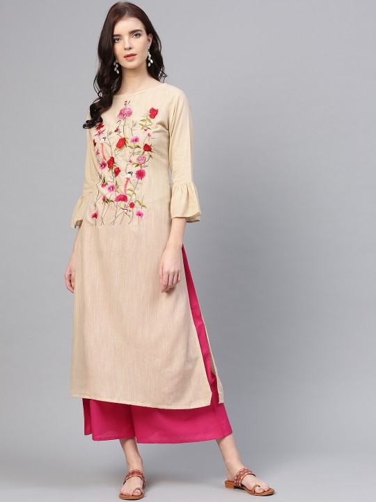 Women Beige & Pink Embroidered Kurta with Palazzos S