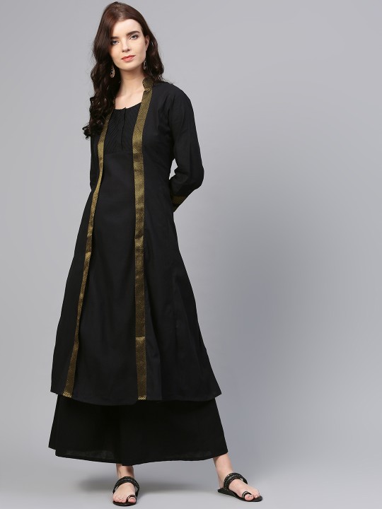 Women Black & Gold-Toned Solid Kurta with Palazzos S
