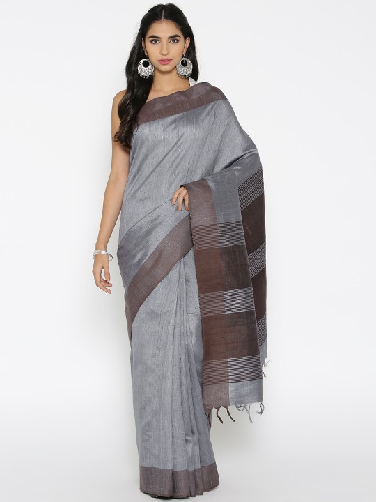Grey & Brown Solid Handwoven Tussar Saree