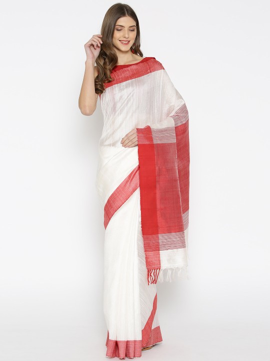 White & Red Solid Handwoven Tussar Saree