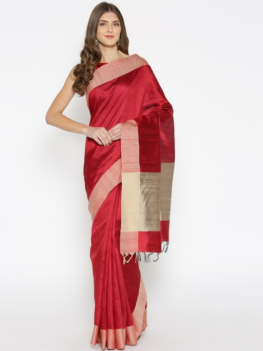 Red & Beige Solid Handwoven Tussar Saree