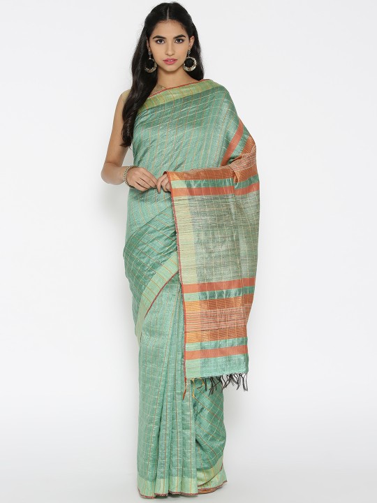 Green & Peach-Coloured Handwoven Tussar Saree