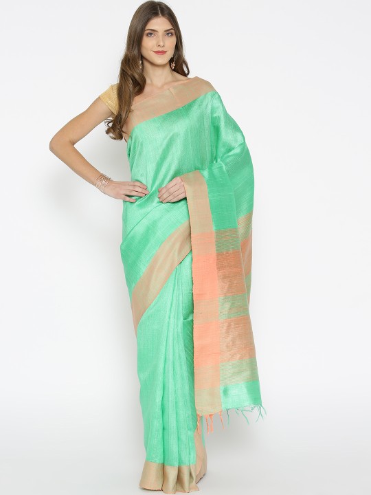 Green & Peach-Coloured Solid Handwoven Tussar Saree