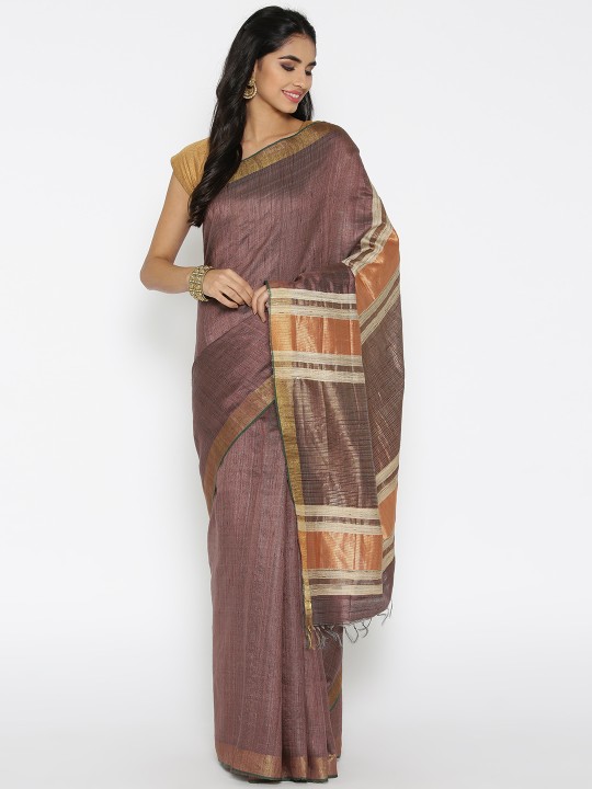 Brown & Golden Handwoven Tussar Saree