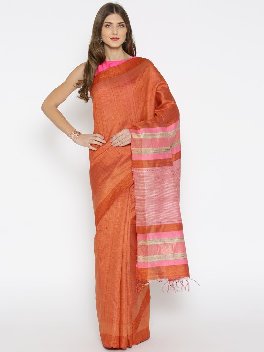 Orange & Pink Solid Handwoven Tussar Saree
