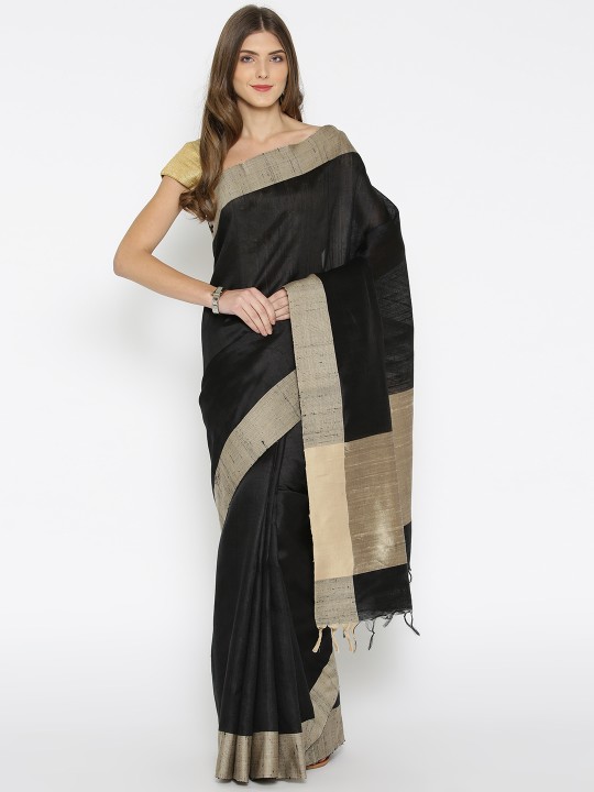 Black & Beige Handwoven Tussar Saree