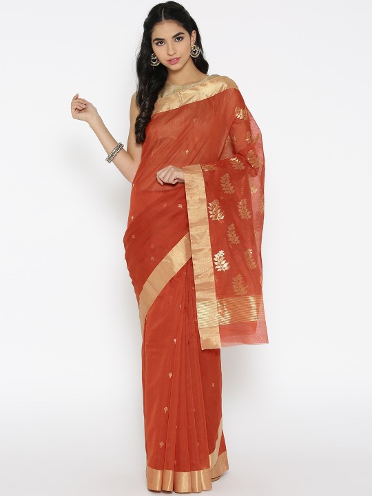 Rust Red & Golden Woven Design Chanderi Saree