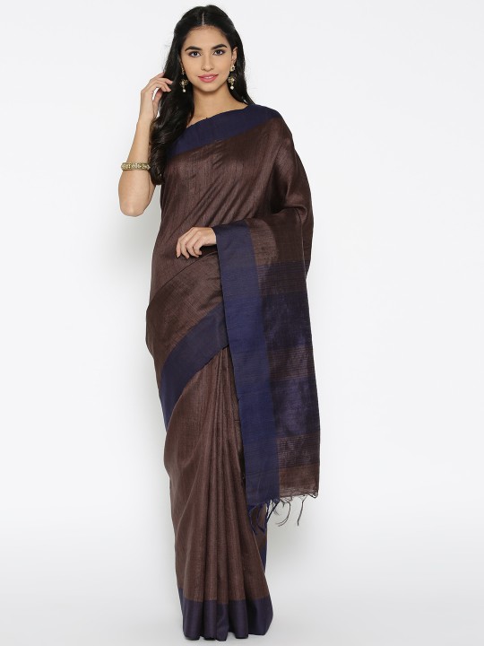 Brown & Navy Blue Solid Handwoven Tussar Saree
