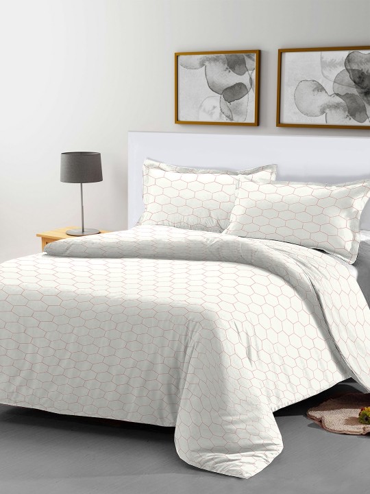Off-White & Red Geometric Flat 200 TC Cotton 1 Queen Bedsheet with 2 Pillow Covers