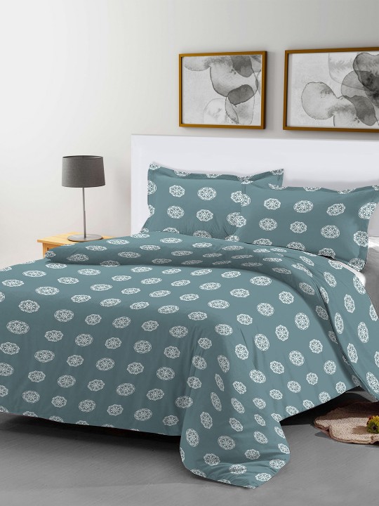 Teal Floral Flat 400 TC Cotton 1 Queen Bedsheet with 2 Pillow Covers