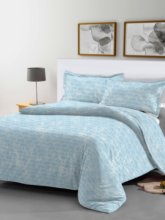 Blue Geometric Flat 200 TC Cotton 1 Queen Bedsheet with 2 Pillow Covers