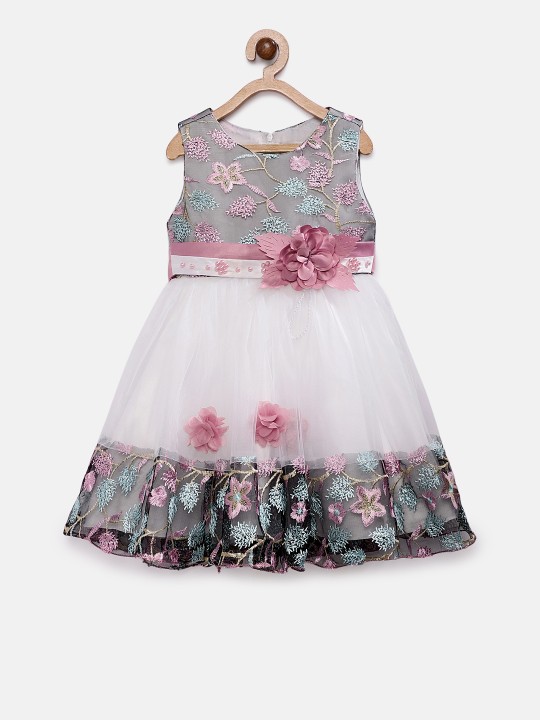 Girls White Self Design Fit and Flare Dress 2-3Y