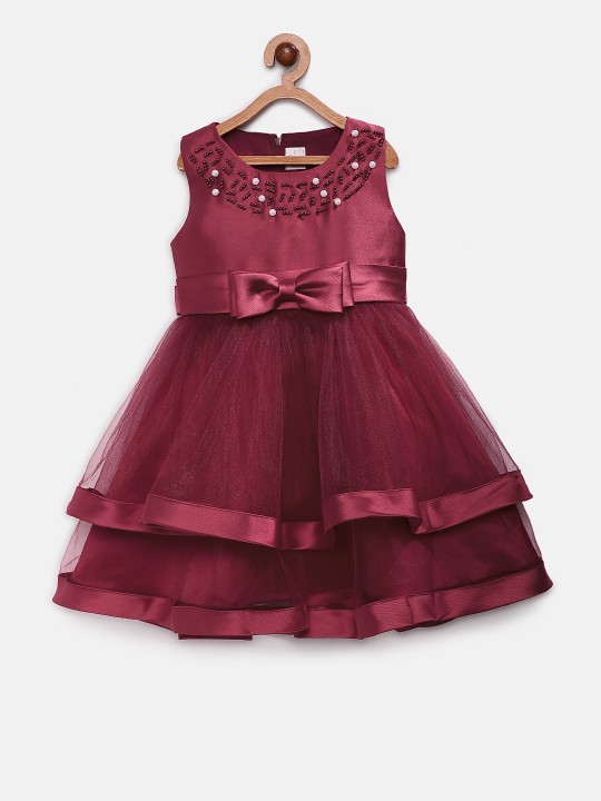 Girls Maroon Solid Fit and Flare Dress 2-3Y