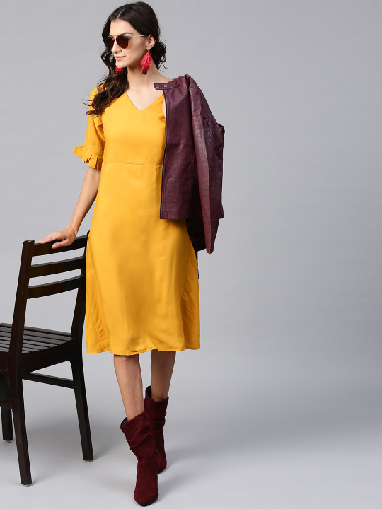 Women Mustard Yellow Solid A Line Dress Xl | Desertcart Belize Women Mustard Yellow Solid A Line Dress Xl | Desertcart Belize