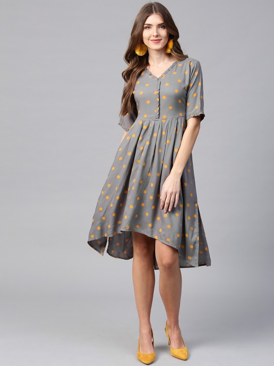 Women Grey & Mustard Yellow Printed Fit and Flare Dress XXL