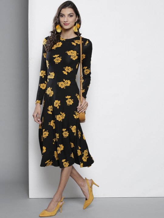 Buy Women Black Mustard Yellow Floral Print A Line Dress M Online at desertcartZimbabwe