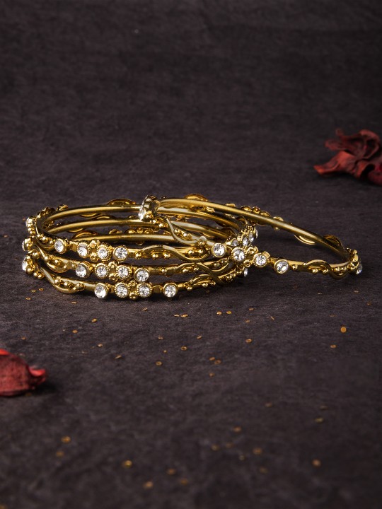 Antique Set Of 4 Bangle Set Gold-Toned Traditional Embellished With CZ-Stones