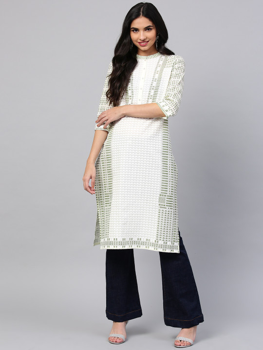 W Women White & Green Printed Straight Kurta