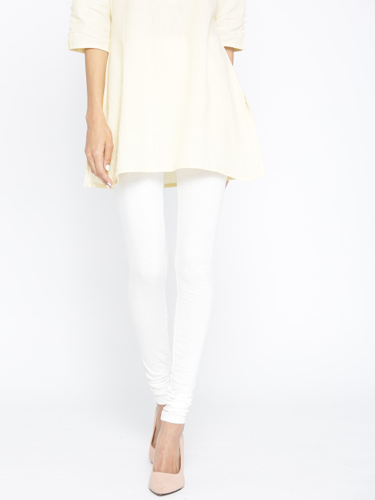 Women White Solid Churidar Leggings