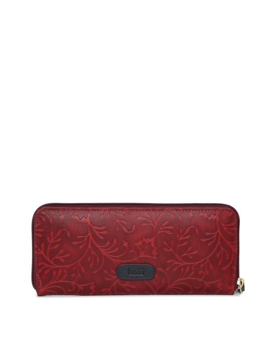 Women Red Textured Zip Around Leather Wallet