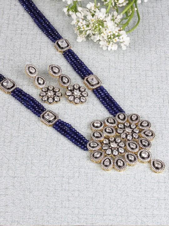 Blue Gold-Plated CZ-Studded Beaded Multistranded Jewellery Set
