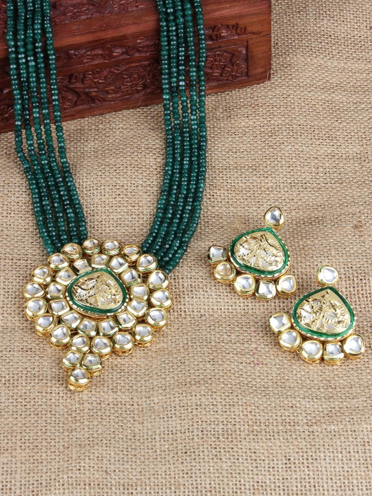 Green Gold-Plated Kundan-Studded Beaded Multistranded Jewellery Set