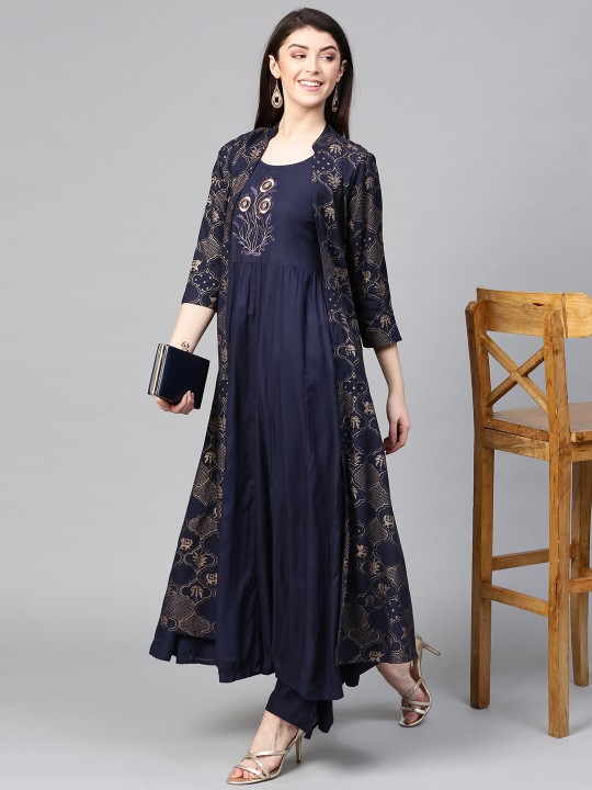 Women Navy Blue Yoke Design Layered Kurta with Palazzos S