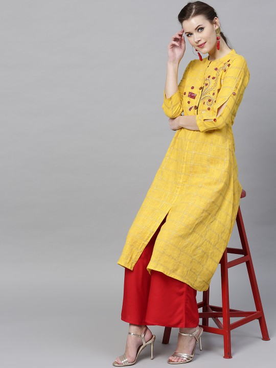 Women Yellow & Red Printed Kurta with Palazzos S