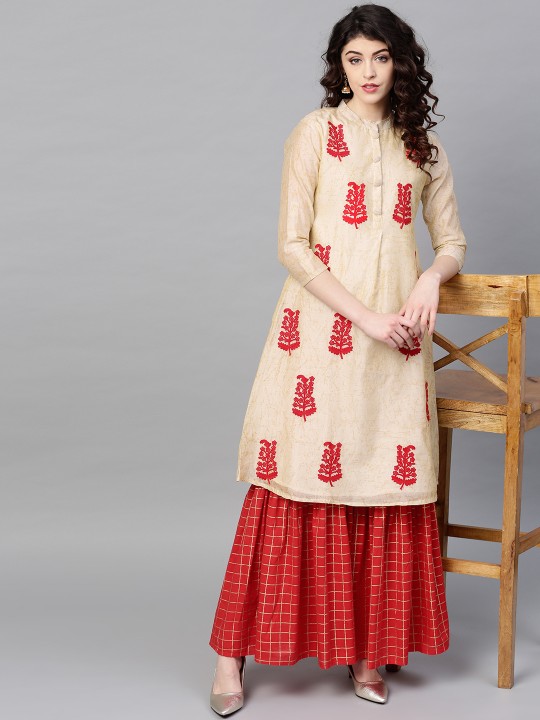 Women Beige & Red Embroidered Kurta with Sharara L