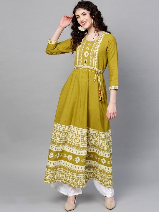 Women Olive Green & Off-White Printed Kurta with Palazzos S