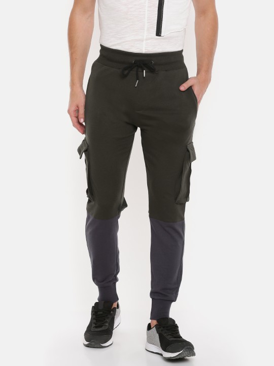 Men Olive Green & Charcoal Grey Colourblocked Slim Fit Joggers S