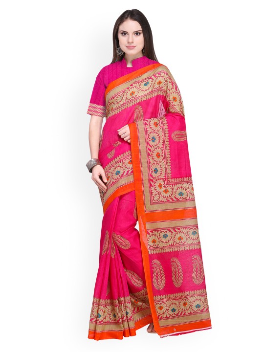 Pink Silk Blend Printed Khadi Saree