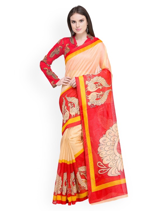 Beige & Red Art Silk Printed Bhagalpuri Saree