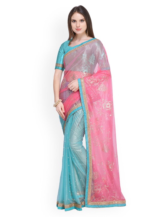 Pink & Blue Net Embroidered Saree