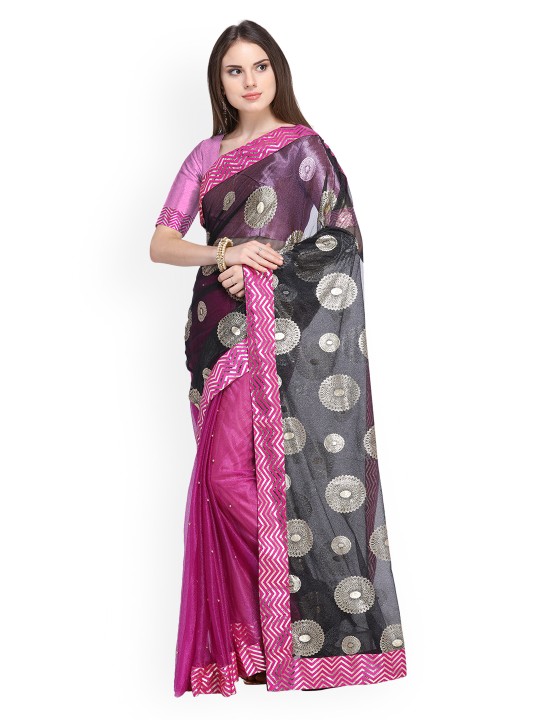 Black & Pink Net Embroidered Saree