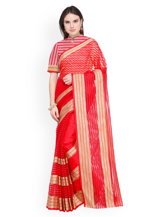 Red Striped Cotton Blend Saree