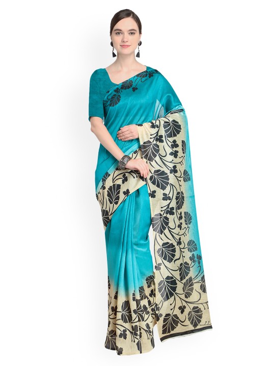 Blue & Beige Art Silk Solid Khadi Saree