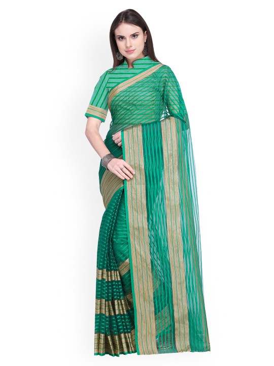 Green Striped Cotton Blend Saree