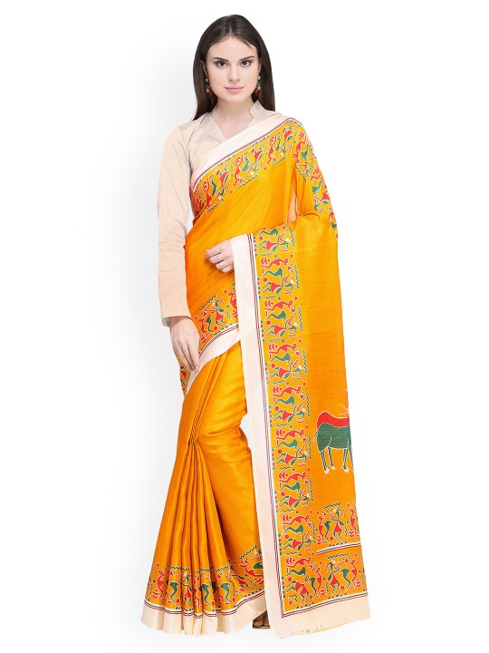 Yellow Silk Blend Printed Khadi Saree