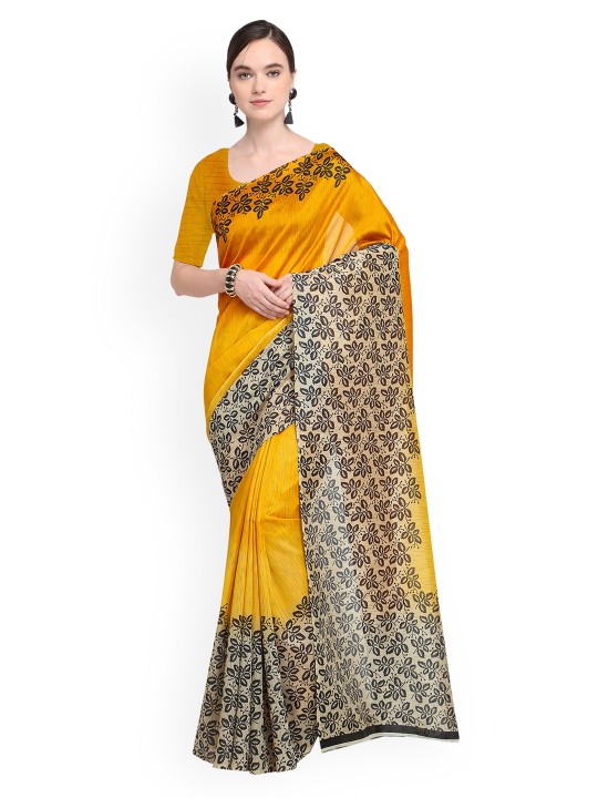 Yellow Art Silk Printed Khadi Saree