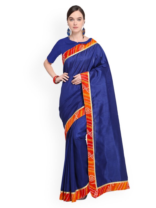 Blue & Orange Art Silk Solid Saree
