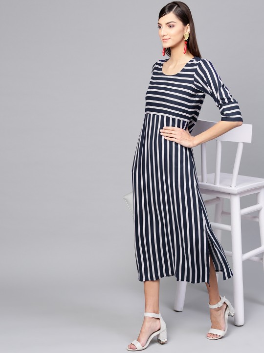 Women Navy Blue & White Striped A-Line Dress